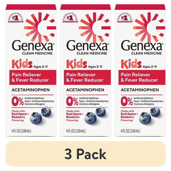(3 pack) Genexa Kids’ Clean Pain & Fever Acetaminophen, Dye Free, Organic Blueberry, 4 fl oz