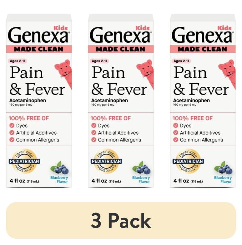 (3 pack) Genexa Kids Clean Pain & Fever Acetaminophen, Dye Free, Organic Blueberry, 4 fl oz