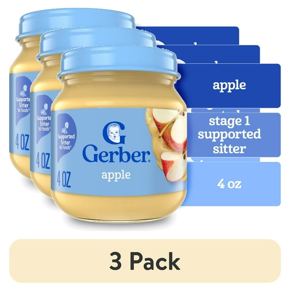 (3 pack) Gerber 1st Foods Natural for Baby Baby Food, Apple, 4 oz Jar