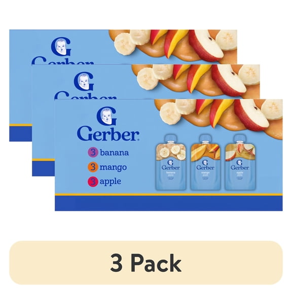 (3 pack) Gerber Stage 2 Baby Food, Single Fruit Puree Variety Pack, 3.5 oz Pouches (9 Pack)​