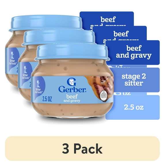 (3 pack) Gerber Stage 2 Baby Food, Baby Mealtime Beef and Gravy Jar, Baby Puree Jars Glass 2.5 oz