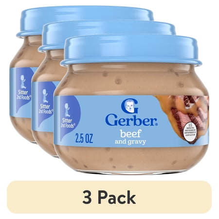 (3 pack) Gerber Stage 2 Baby Food, Baby Mealtime Beef and Gravy Jar, Baby Puree Jars Glass 2.5 oz