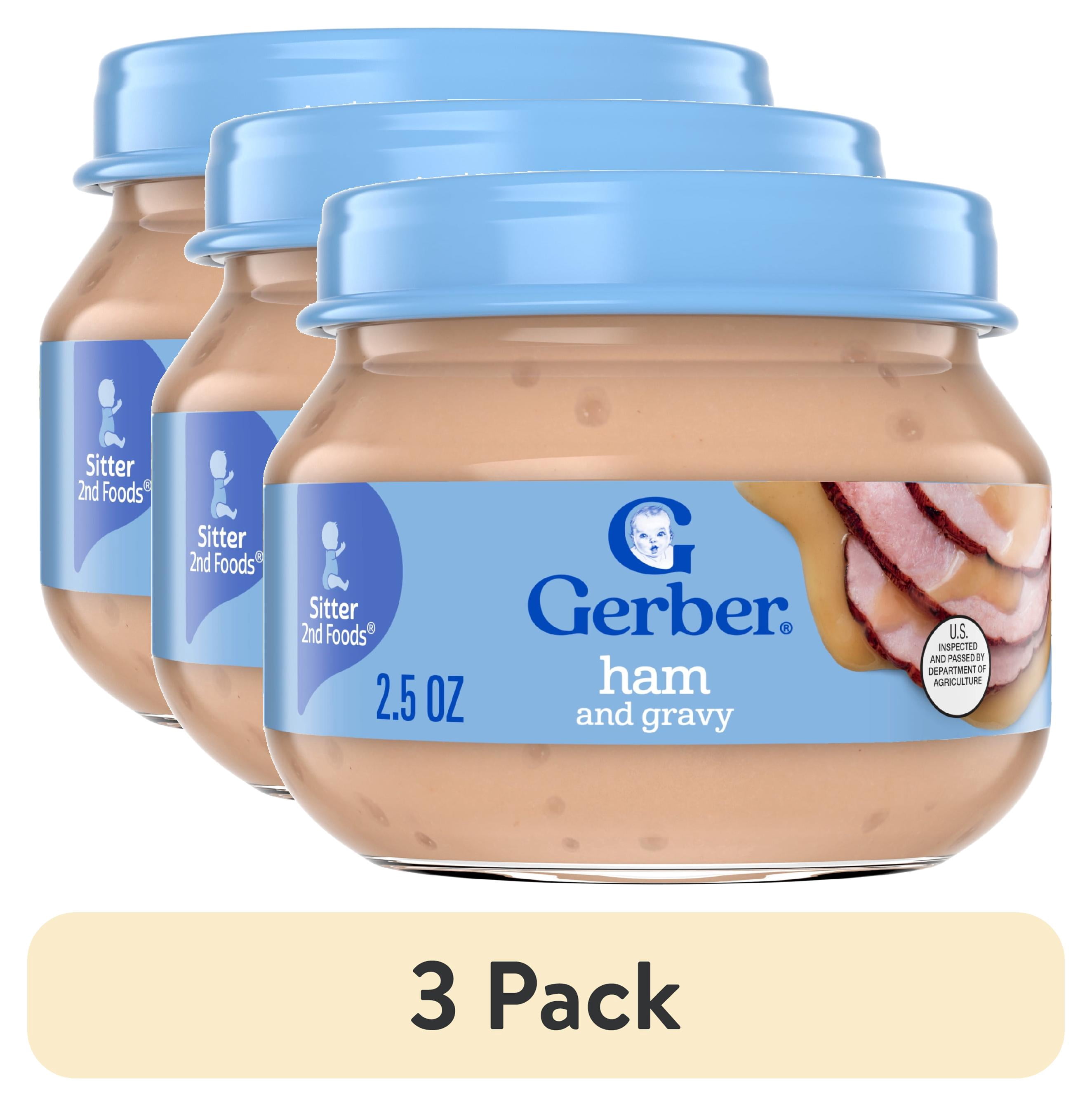 (3 pack) Gerber Stage 2 Baby Food, Ham and Gravy Jar, Baby Puree Jars Glass 2.5 oz