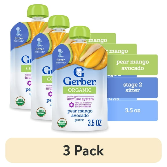 (3 pack) Gerber Stage 2 Baby Food, Organic Pear Mango Avocado, Baby Food Pouches, Puree 3.5 oz