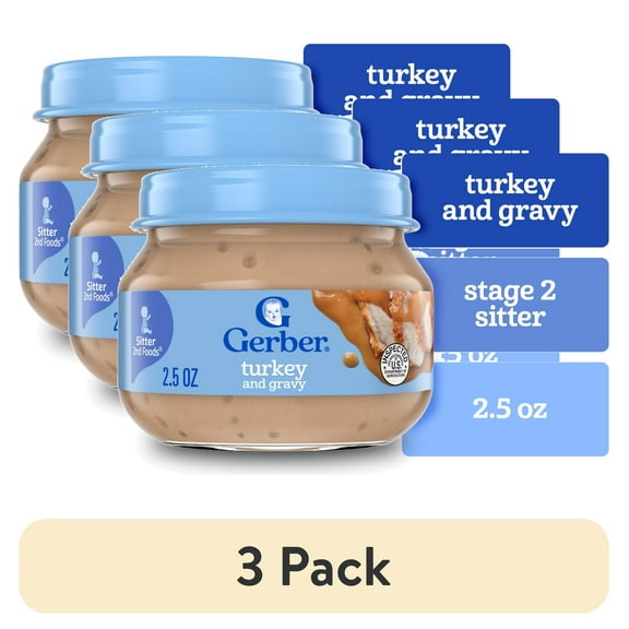 (3 pack) Gerber Stage 2 Baby Food, Turkey and Gravy Jar, Baby Food Poultry Puree, Baby Mealtime, Baby Puree Jars Glass 2.5 oz