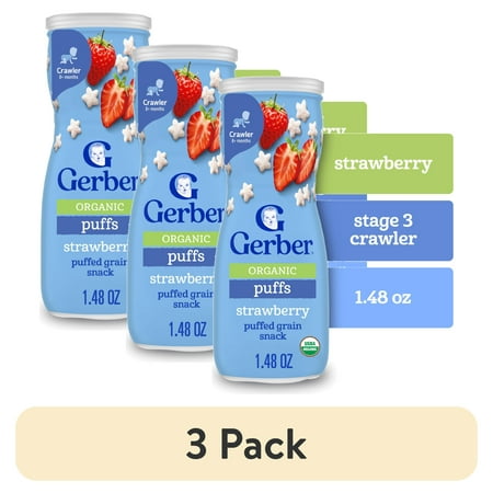 (3 pack) Gerber Stage 3 Baby Snacks, Organic Strawberry Puffs, Grain Snack, Baby Led Feeding 1.48 oz