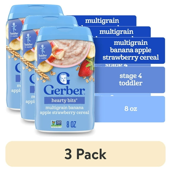 (3 pack) Gerber Cereal for Toddler Grain & Grow, Hearty Bits Multigrain Baby Cereal, Banana Apple Strawberry, 8 oz Canister