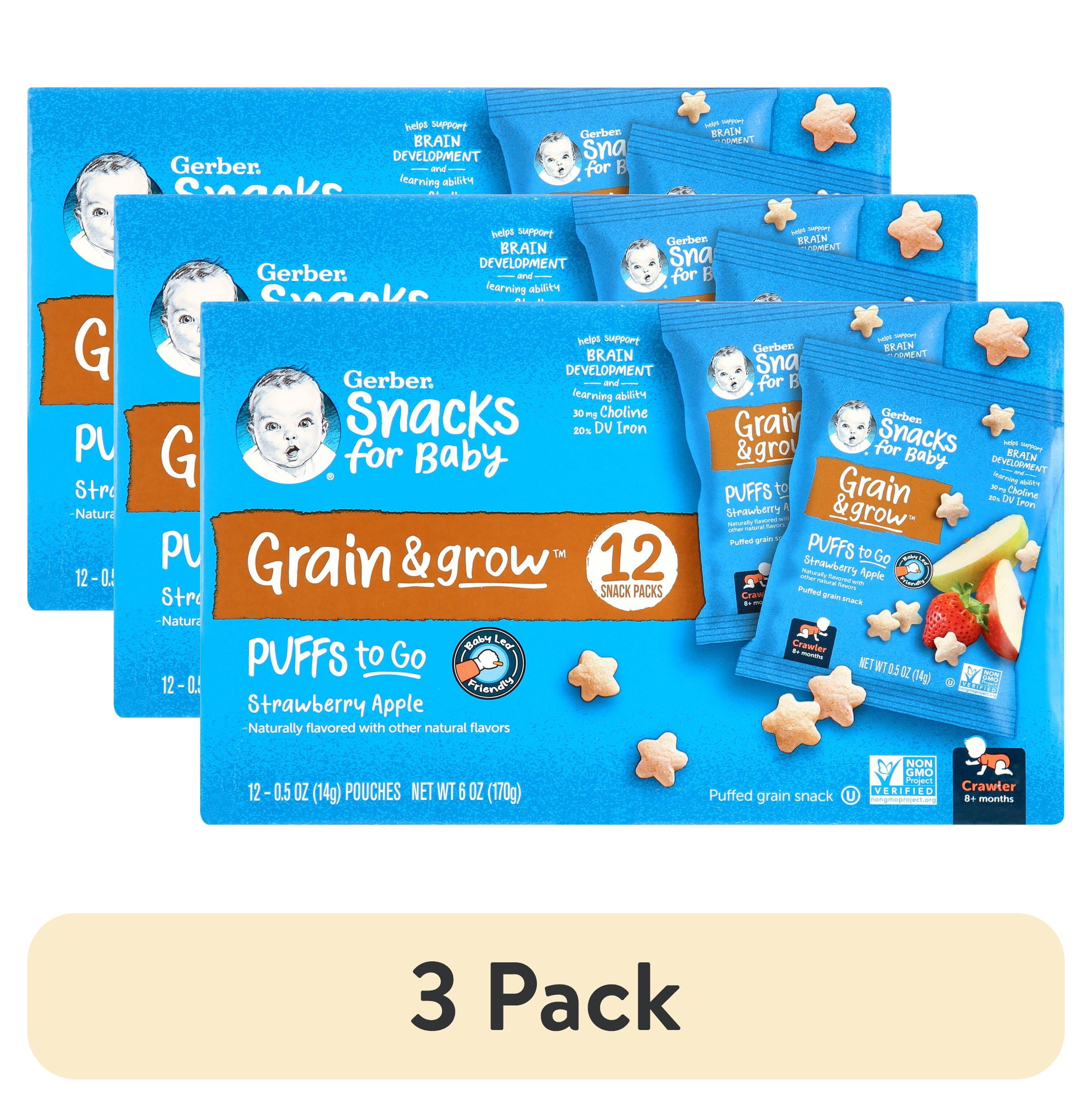 (3 pack) GERBER SNACKS FOR BABY GRAIN AND GROW Puffs To Go Strawberry Apple 6oz 12pieces Individually Serve Packets