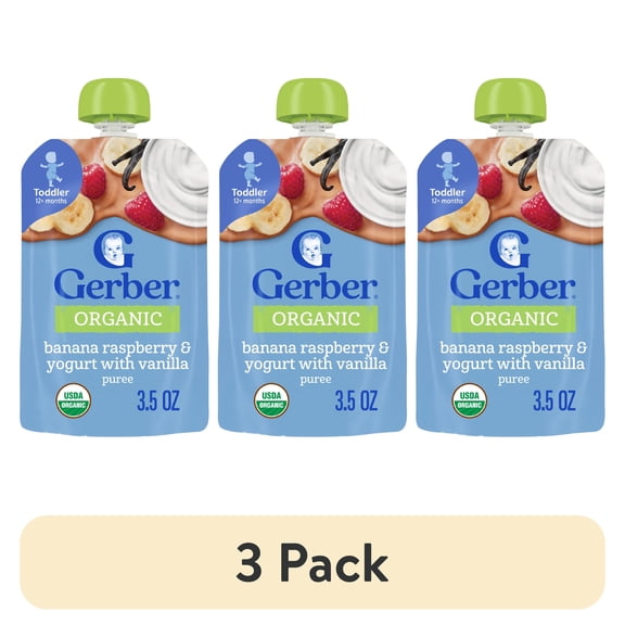 (3 pack) Gerber Organic for Toddler, Yogurt Toddler Food, Banana Raspberry Vanilla, 3.5 oz Pouch