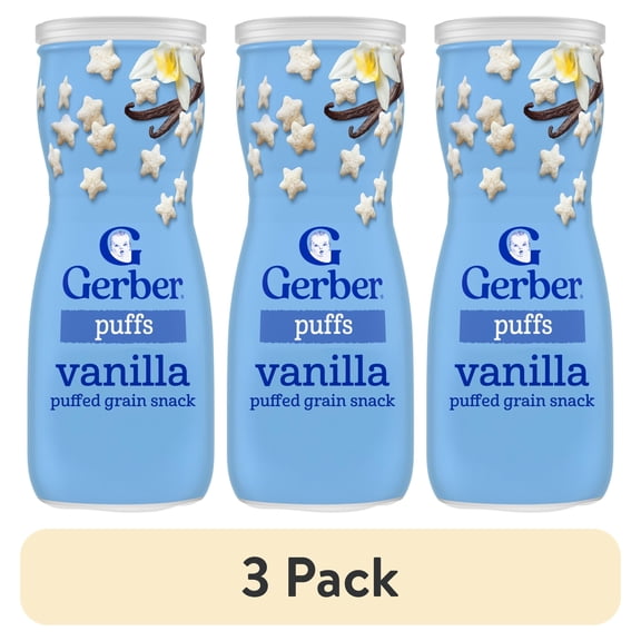 (3 pack) Gerber Snacks for Baby Grain & Grow Puffs, Vanilla, 1.48 oz Canister