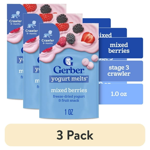 (3 pack) Gerber Stage 3 Baby Food Snacks, Mixed Berries Yogurt Melts, Baby Led Feeding 1 oz