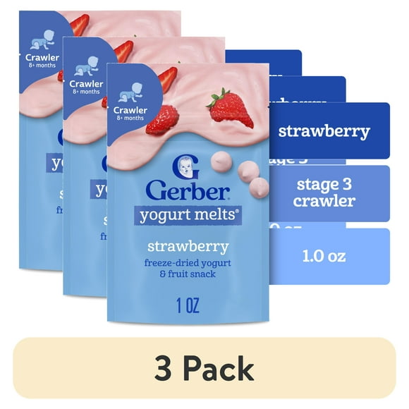 (3 pack) Gerber Stage 3 Baby Food Snacks, Strawberry Yogurt Melts, Baby Led Feeding 1 oz