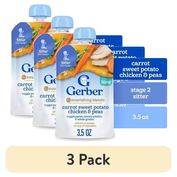 (3 pack) Gerber Stage 2 Baby Food, Carrot Sweet Potato Chicken & Peas, Baby Food Pouches, Puree 3.5 oz