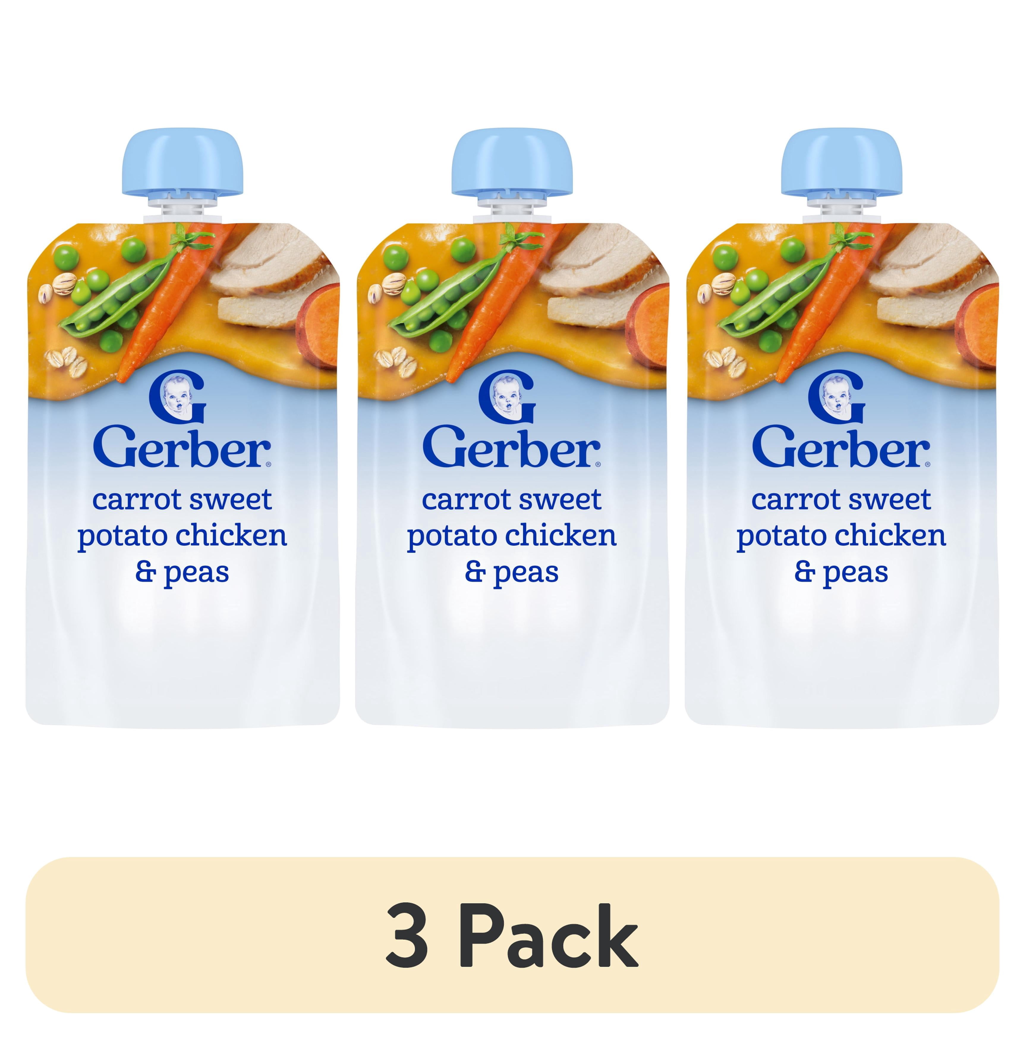 (3 pack) Gerber Stage 2 Baby Food, Carrot Sweet Potato Chicken & Peas, Baby Food Pouches, Puree 3.5 oz