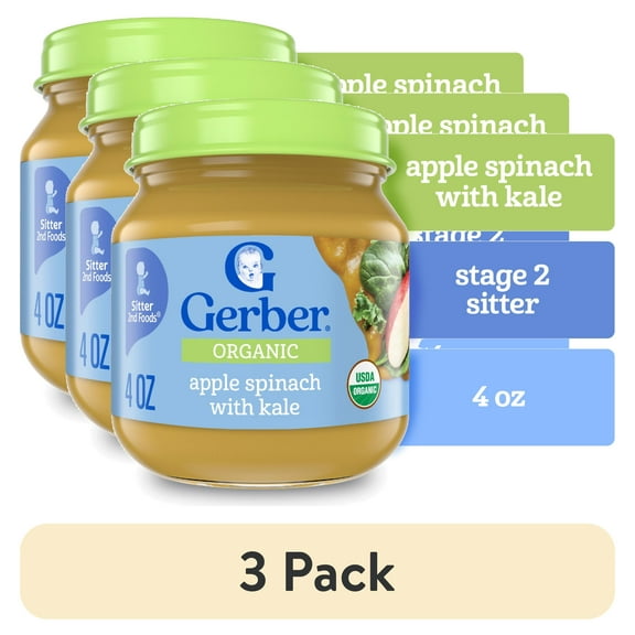 (3 pack) Gerber 2nd Foods Organic for Baby Baby Food, Apple Spinach Kale, 4 oz Jar