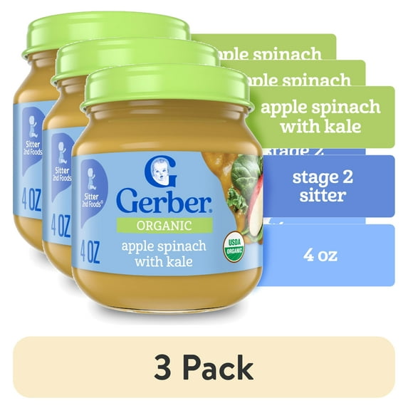 (3 pack) Gerber 2nd Foods Organic for Baby Baby Food, Apple Spinach Kale, 4 oz Jar