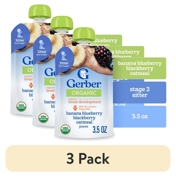 (3 pack) Gerber Stage 2 Baby Food, Organic Banana Blueberry Blackberry Oatmeal, Puree Baby Pouches