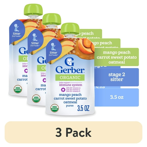 (3 pack) Gerber Organic for Toddler WonderFoods, Mango Peach Carrot Sweet Potato Oatmeal, 3.5 oz Pouch