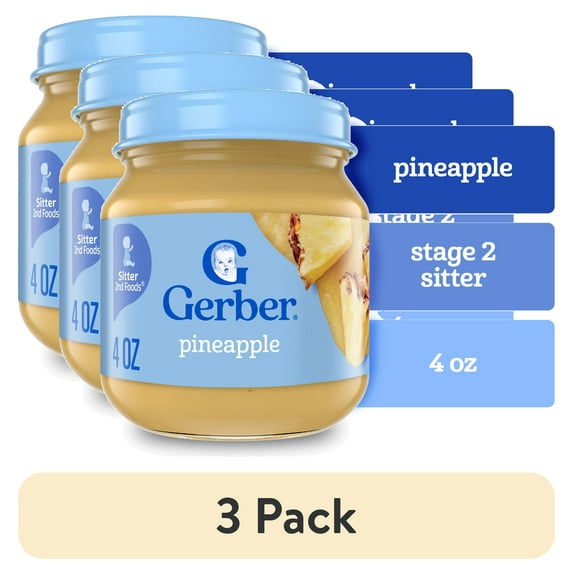 (3 pack) Gerber Stage 2 Baby Food, Pineapple Jar, Fruit Puree, Non-GMO, Baby Puree 4 oz