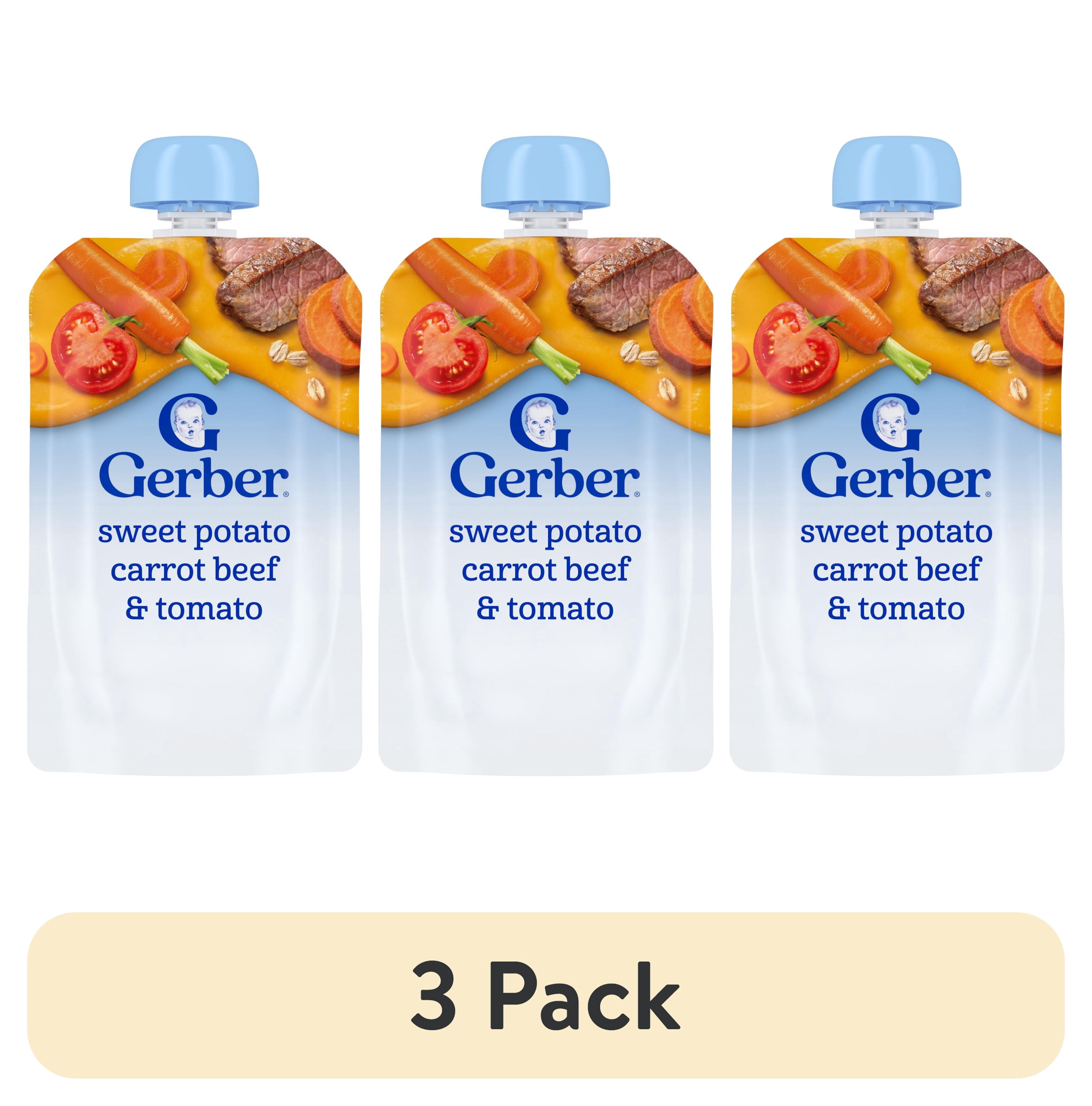 (3 pack) Gerber Stage 2 Baby Food, Sweet Potato Carrot Beef & Tomato, Baby Food Pouches, Puree 3.5 oz