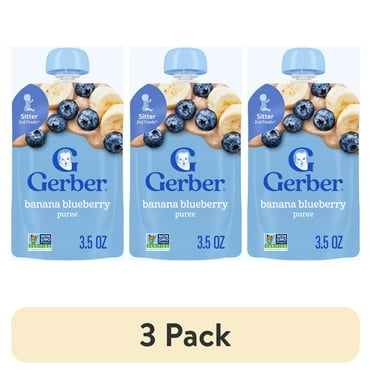 (3 pack) Gerber Stage 2 Baby Food, Banana Blueberry Puree, 3.5 oz Pouch​