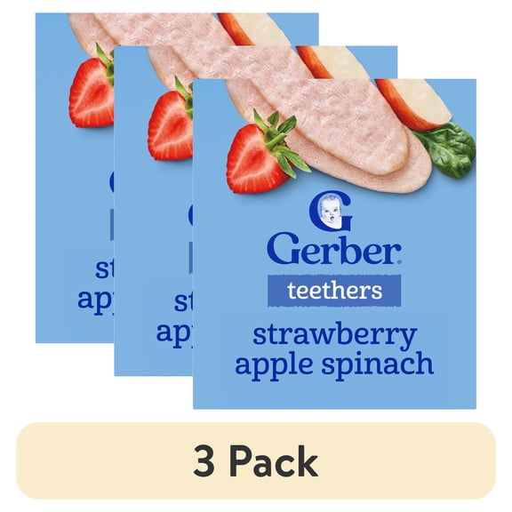(3 pack) Gerber Baby Food, Teething Wafers, Strawberry Apple Spinach, 1.7 oz, 12 ct