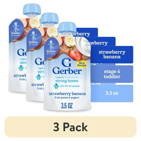 (3 pack) Gerber Toddler Food, Strawberry Banana, Fruit Puree and Yogurt Baby Pouches