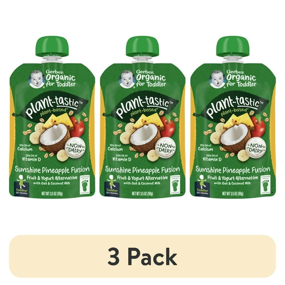 (3 pack) Gerber Toddler Baby Food, Sunshine Pineapple Fusion, Fruit and Yogurt Alternative with Oat and Coconut Milk, 3.5 oz 12 ea
