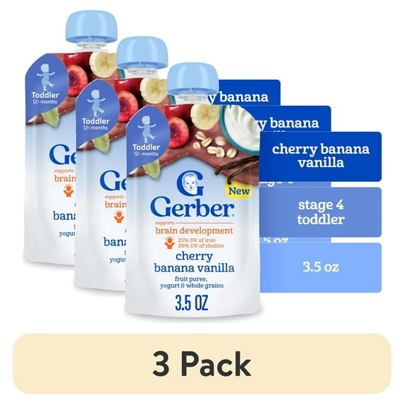(3 pack) Gerber Toddler Food, Cherry Banana Vanilla Puree Pouch, Fruit Yogurt & Whole Grain 3.5 oz