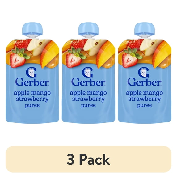 (3 pack) Gerber Stage 2 Baby Food, Apple Mango Strawberry, Puree Baby Pouches