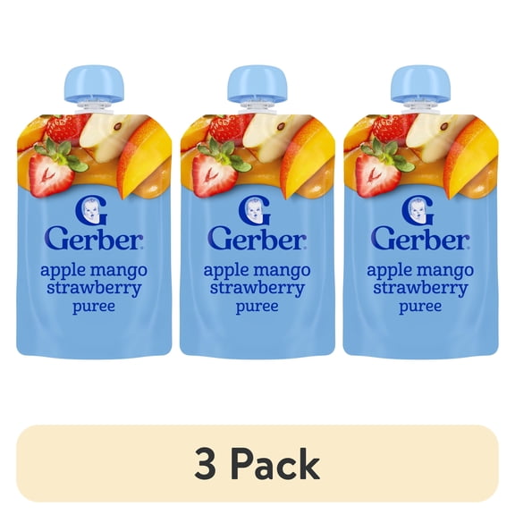 (3 pack) Gerber Stage 2 Baby Food, Apple Mango Strawberry, Puree Baby Pouches