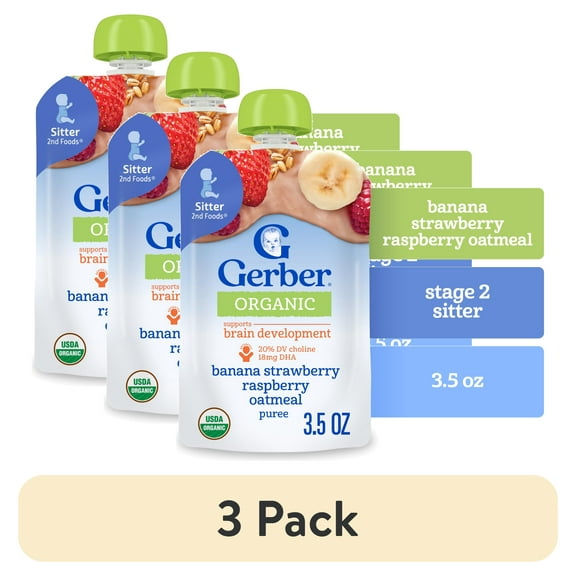 (3 pack) Gerber Toddler Foods, Organic Banana Strawberry Raspberry Mixed Grain, 3.5 oz Pouch