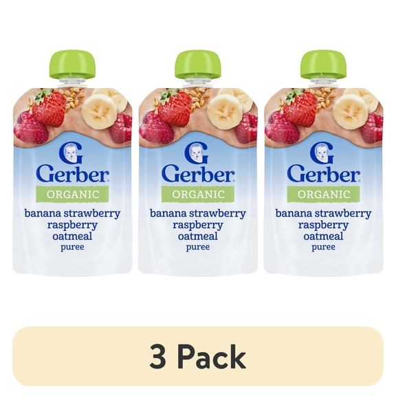(3 pack) Gerber Toddler Foods, Organic Banana Strawberry Raspberry Mixed Grain, 3.5 oz Pouch
