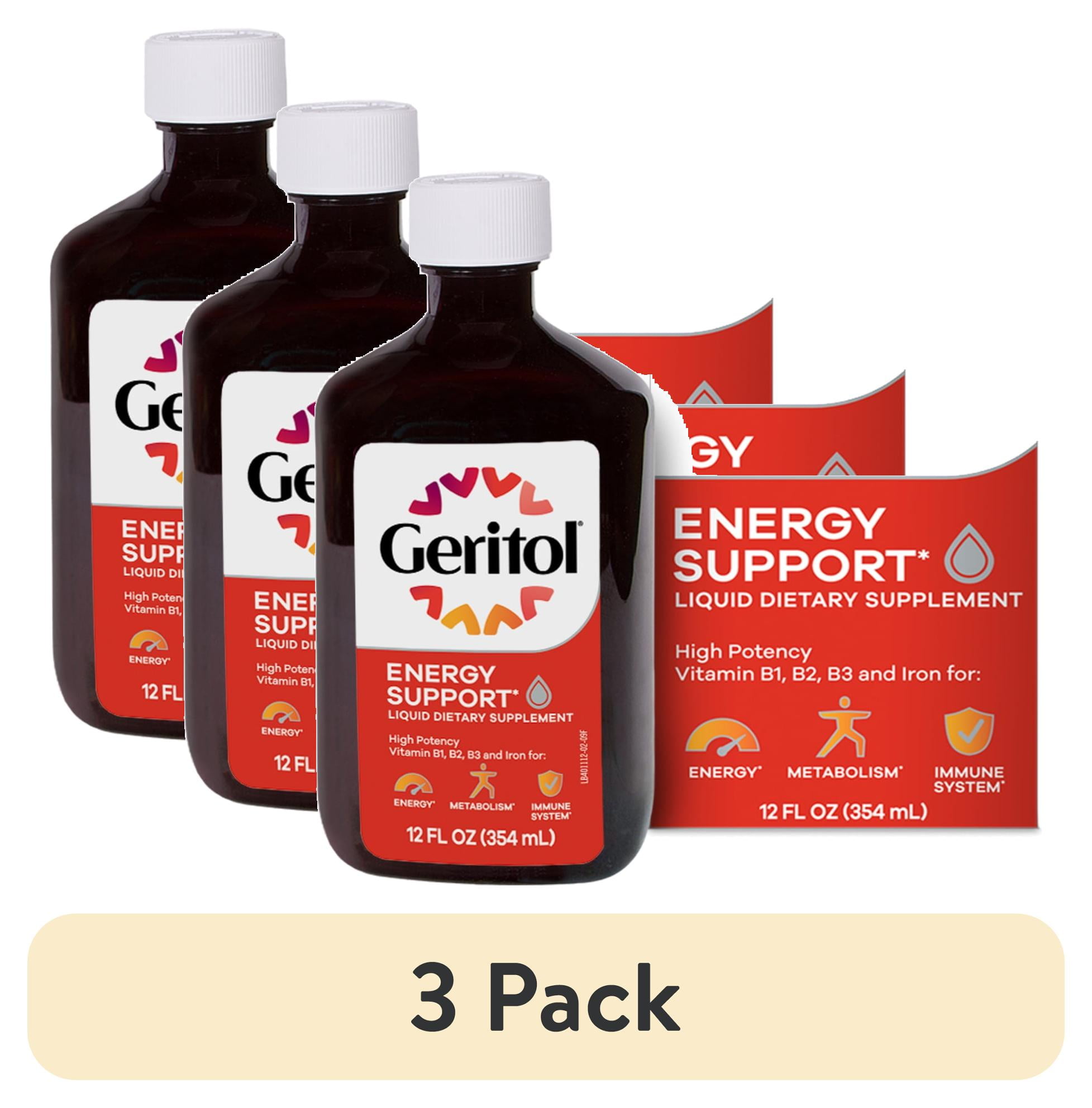 (3 pack) Geritol, Liquid Vitamin and Iron Supplement, Energy Support, Contains High Potency B-Vitamins, 12 oz