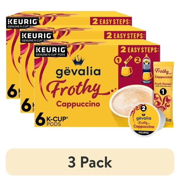 (3 pack) Gevalia Frothy 2-Step Artificially Flavored Cappuccino Espresso Style K‐Cup® Coffee Pods & Froth Packets Kit, 6 Ct. Box, Dark