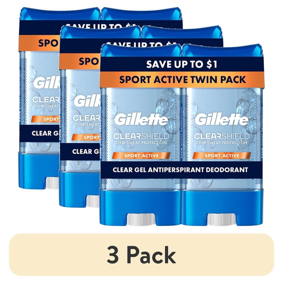 (3 pack) Gillette Antiperspirant Deodorant for Men, Clear Gel Sport Active Twin Pack, 3.8 oz