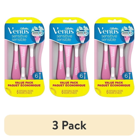 (3 pack) Gillette Venus Sensitive Disposable Razors for Women with Sensitive Skin, 6 Count
