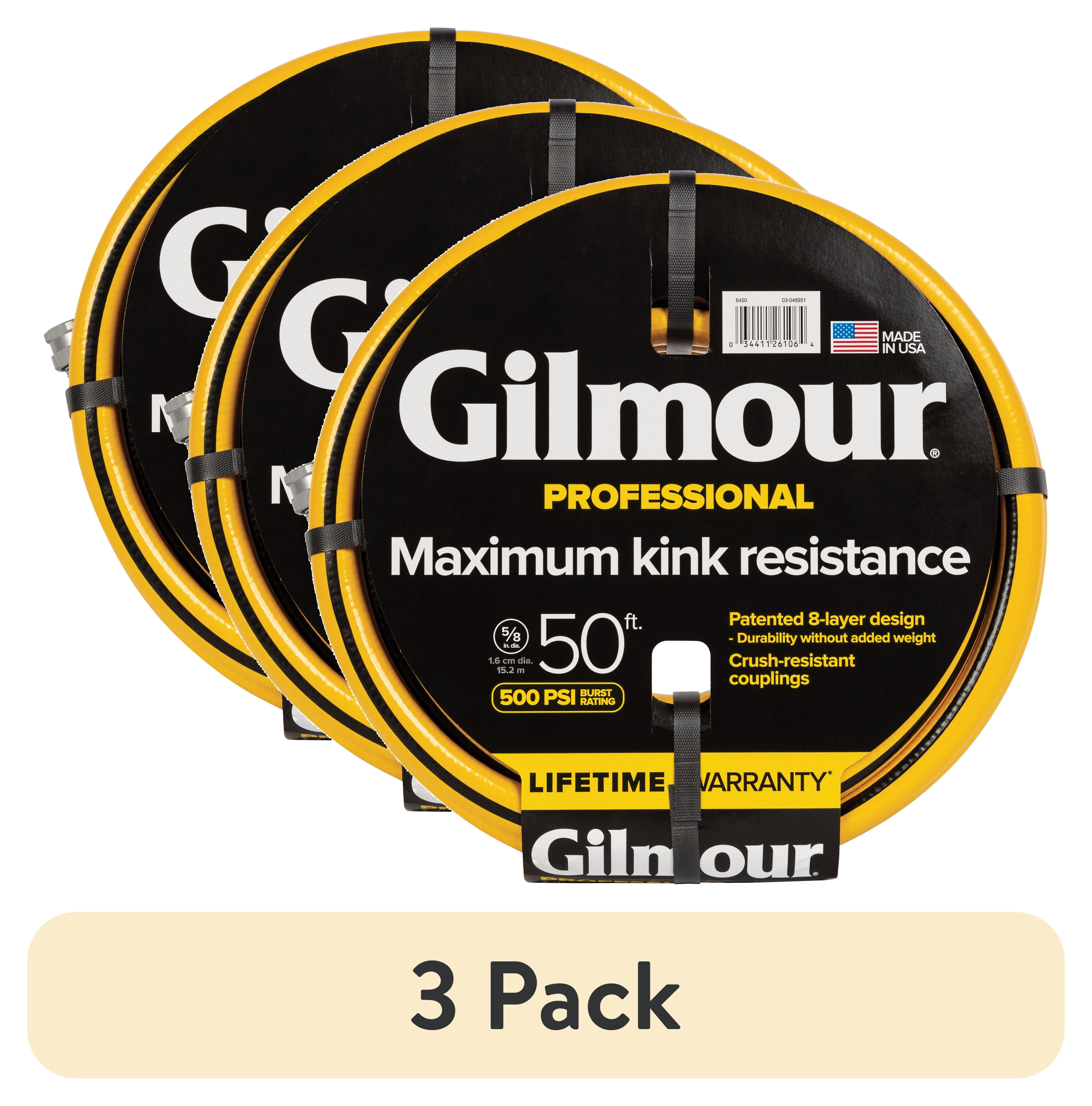 (3 pack) Gilmour Flexogen 50ft Heavy Duty Garden Hose, 5/8" All-Weather Water Hose with Crush-Resistant Aluminum Fittings, 500 PSI Burst Strength, Kink & Leak Resistant, Yellow