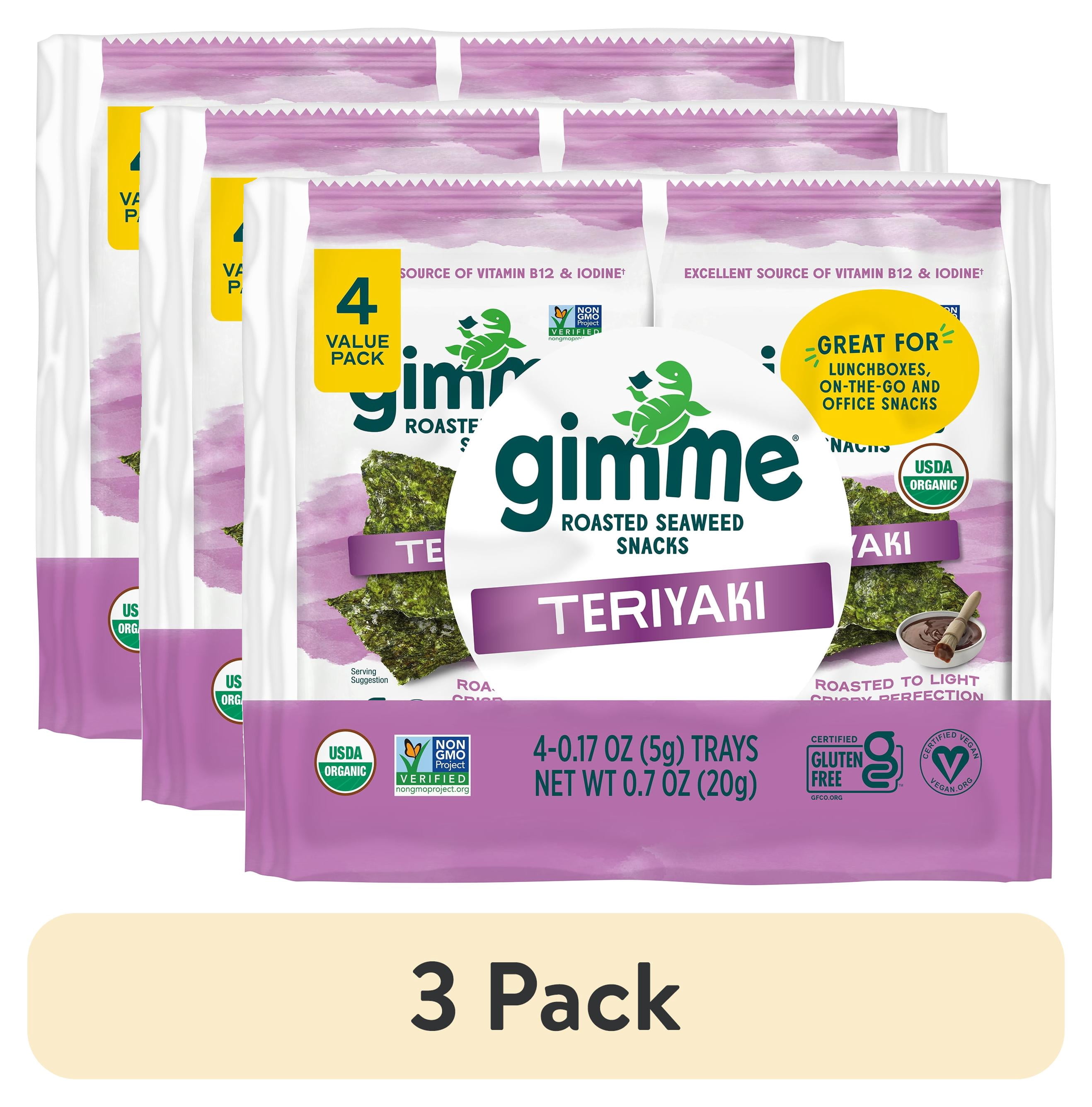 (3 pack) Gimme Organic Roasted Seaweed Snacks, Teriyaki Flavor, 4 Count, Light and Crispy