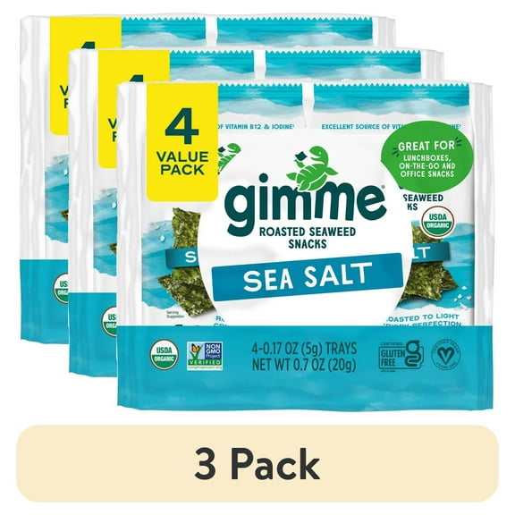 (3 pack) Gimme Organic Roasted Seaweed Snacks with Sea Salt, 4 Pack, 5 Gram, Crispy Texture