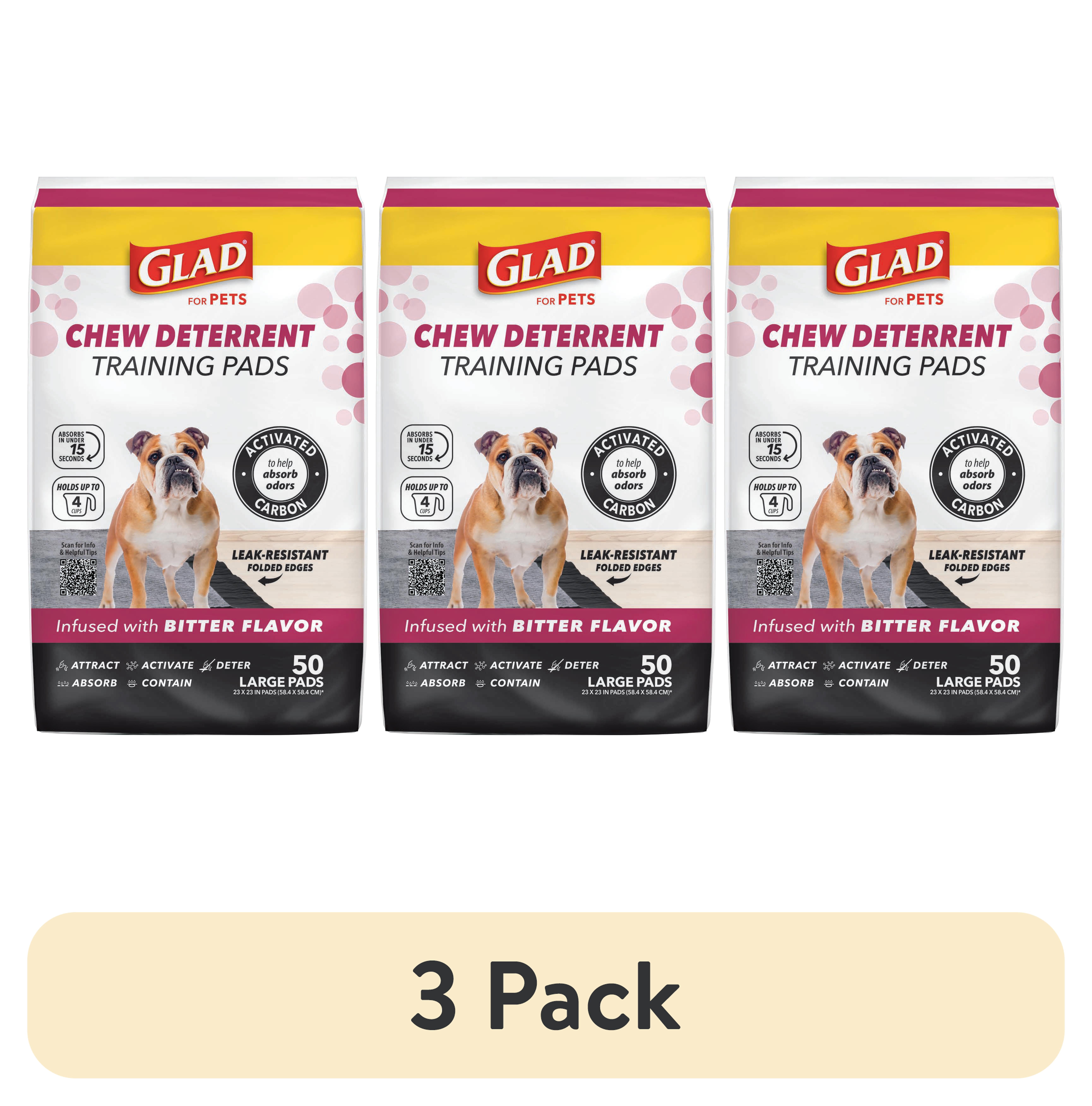 (3 pack) Glad Activated Carbon Puppy Dog Training Pads with Chew Deterrent & Odor Control 23”x23” 50ct