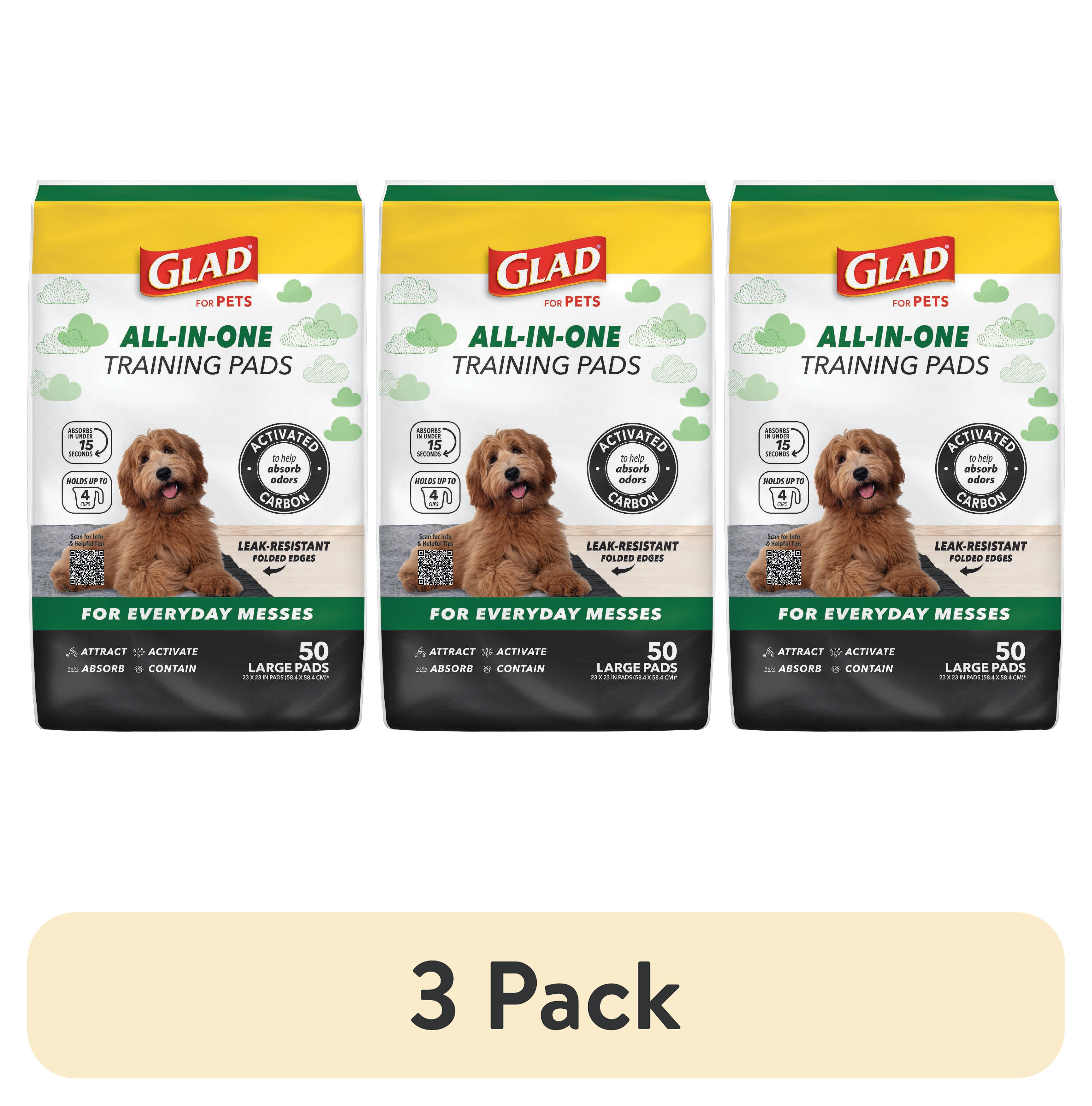 (3 pack) Glad Activated Charcoal Leak-Resistant Training Pads for Dogs, 23in x 23in, 50 Count