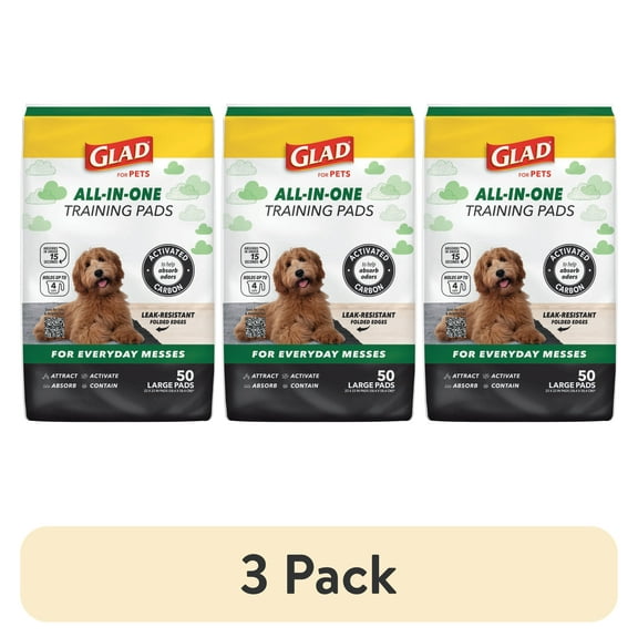 (3 pack) Glad Activated Charcoal Leak-Resistant Training Pads for Dogs, 23in x 23in, 50 Count