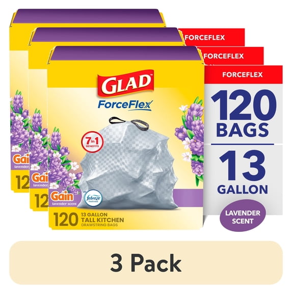 (3 pack) Glad ForceFlex 13-Gallon Drawstring Tall Kitchen Trash Bags, Gain Lavender Scent, 120 Bags