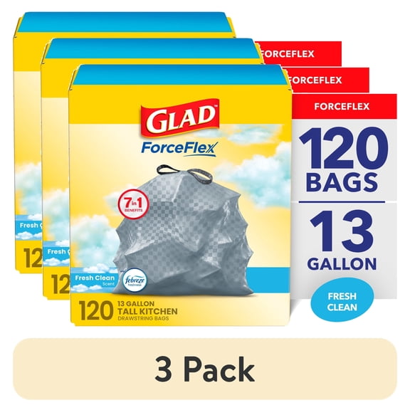 (3 pack) Glad ForceFlex 13-Gallon Drawstring Tall Kitchen Trash Bags, Febreze Fresh Clean Scent, 120 Bags