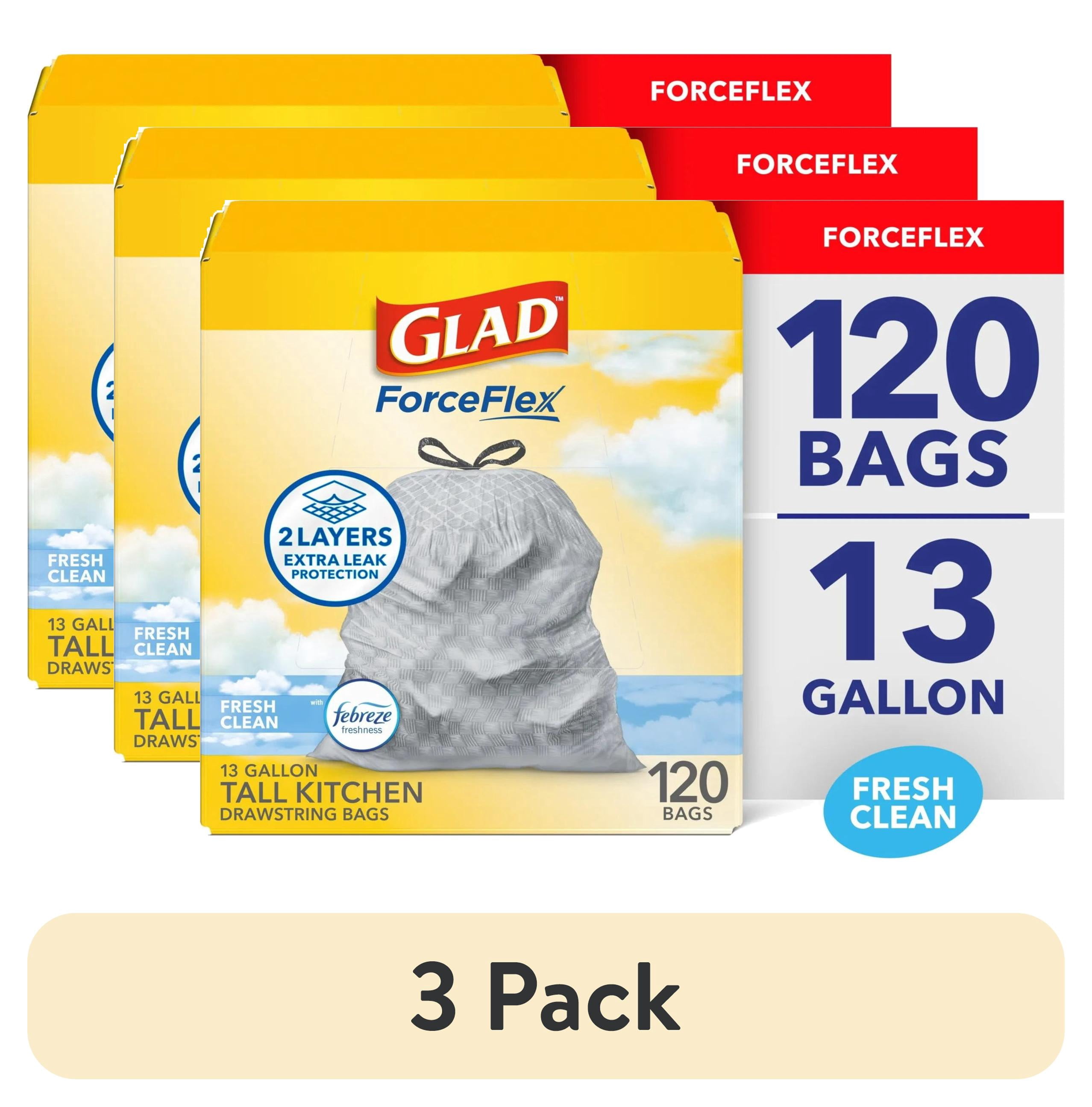 (3 pack) Glad ForceFlex Tall Kitchen Drawstring Trash Bags, 13 Gallon, Gain Fresh Clean with Febreze Freshness, 120 Count