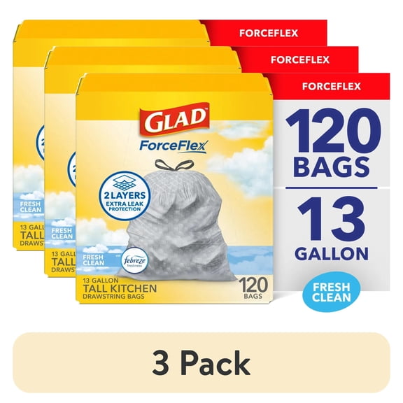 (3 pack) Glad ForceFlex Tall Kitchen Drawstring Trash Bags, 13 Gallon, Gain Fresh Clean with Febreze Freshness, 120 Count