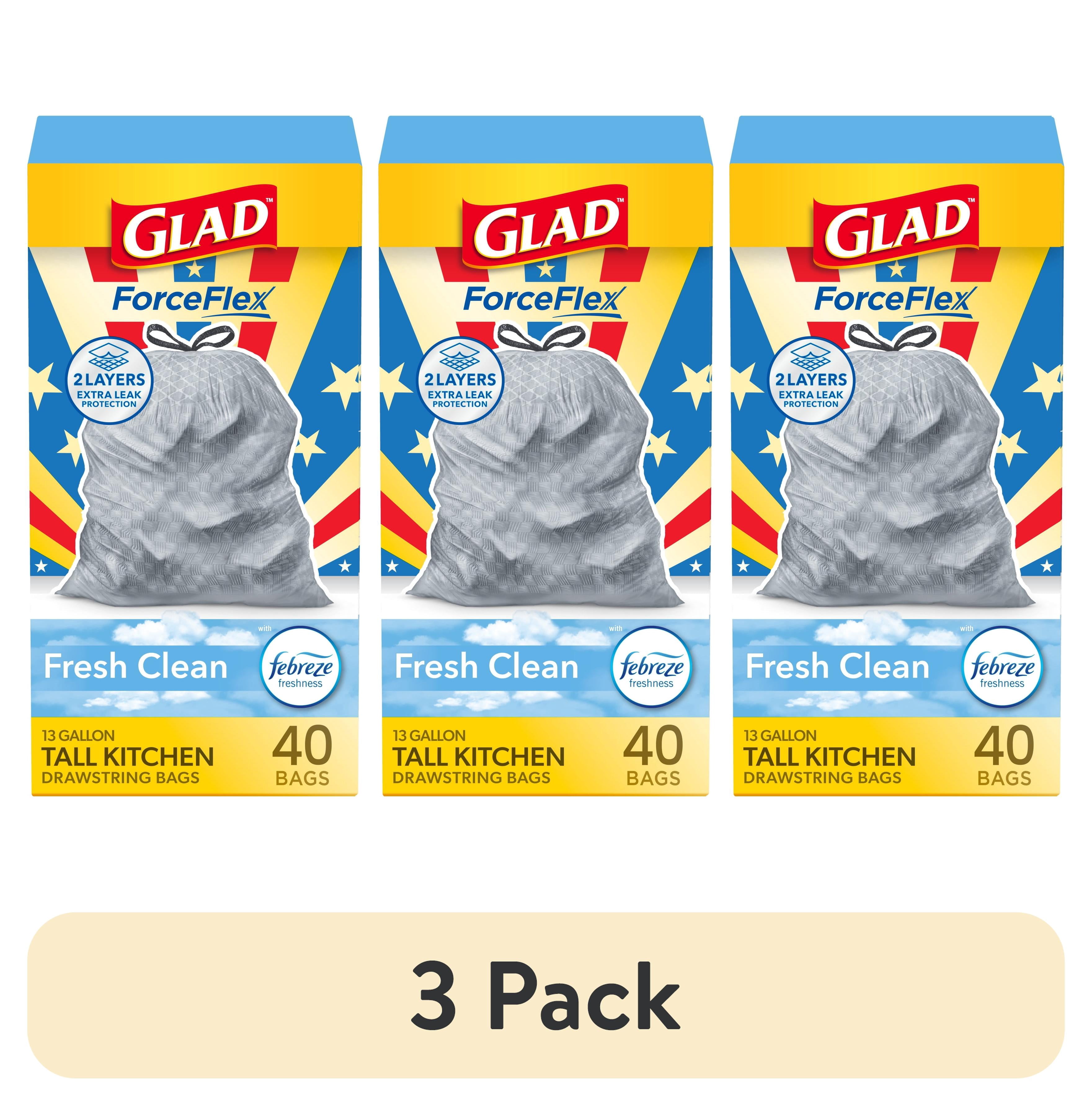 (3 pack) Glad ForceFlex Tall Kitchen Drawstring Trash Bags, 13 Gallon, Fresh Clean Febreze, 40 Count