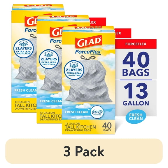 (3 pack) Glad ForceFlex Tall Kitchen Drawstring Trash Bags, 13 Gallon, Gain Fresh Clean with Febreze Freshness, 40 Count