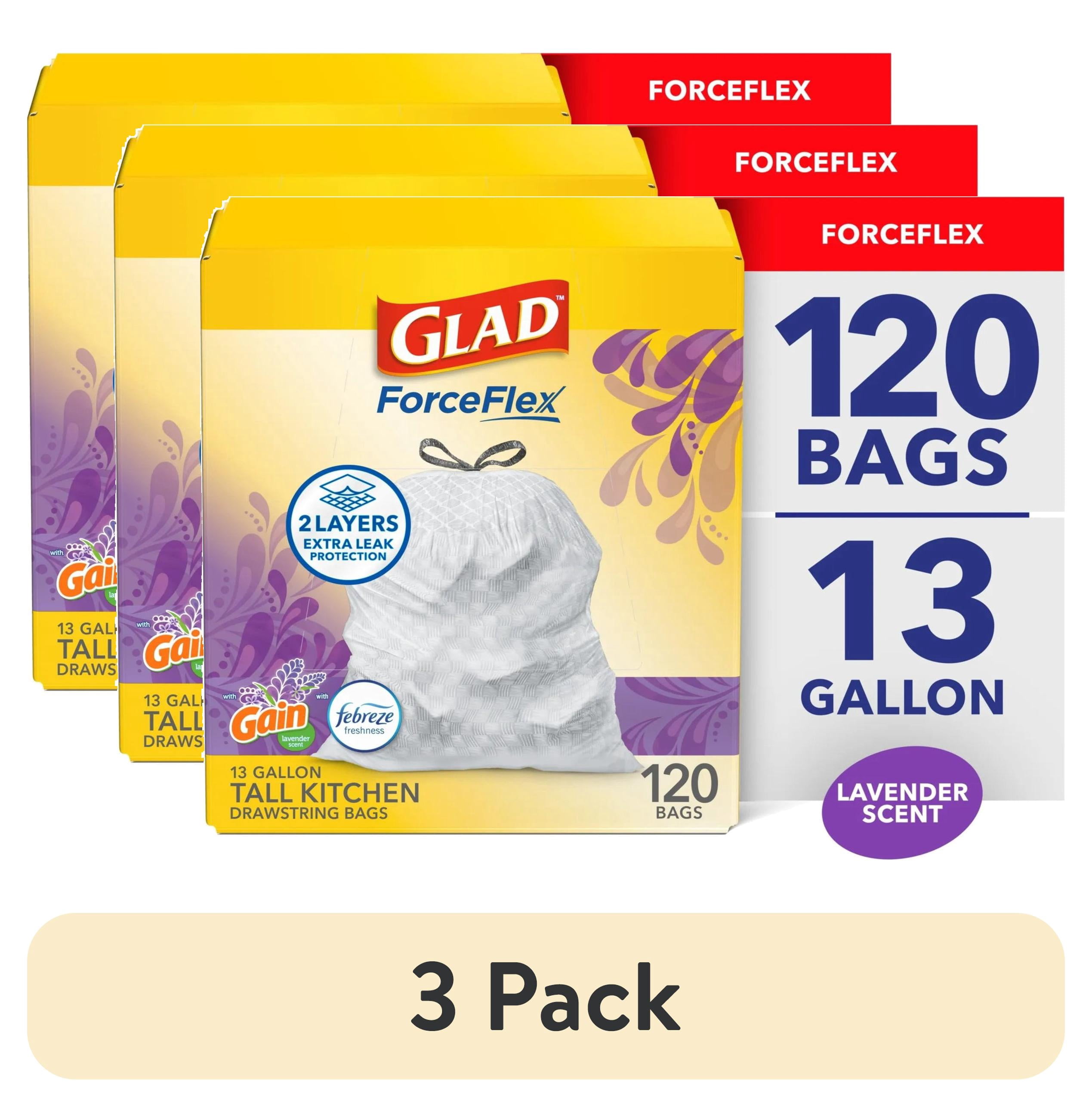 (3 pack) Glad ForceFlex Tall Kitchen Drawstring Trash Bags, 13 Gallon, Gain Lavender with Febreze Freshness, 120 Count